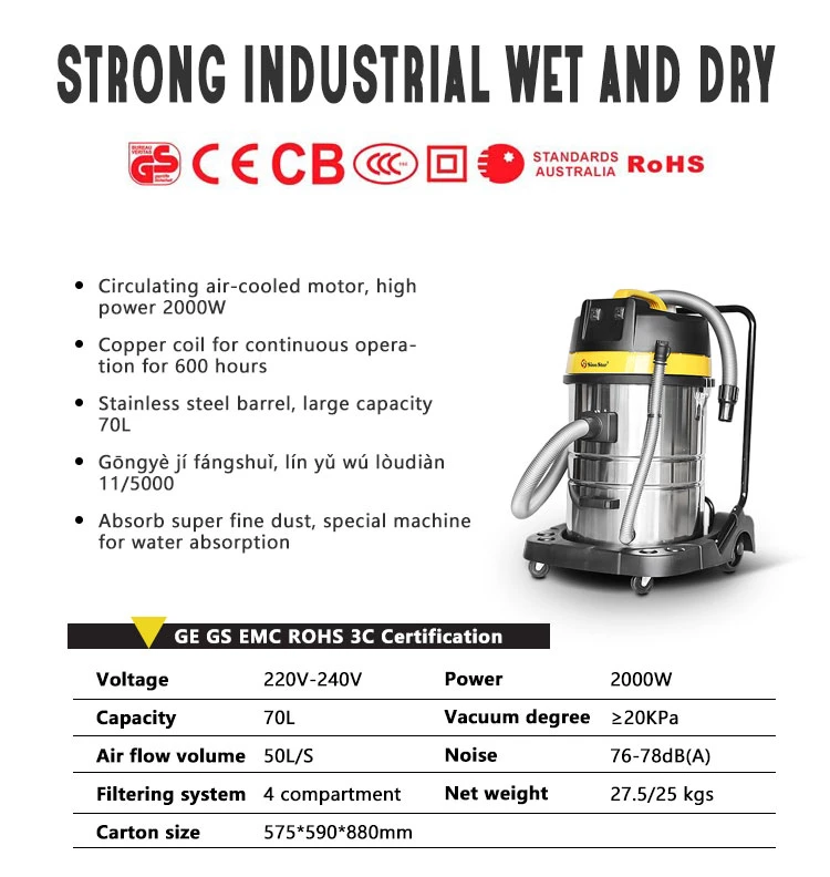 Sino Star Band Industrial Dust Extractor Industrial HEPA Vacuum Cleaner 70L Bag or Bagless, Long Hose All Accessories